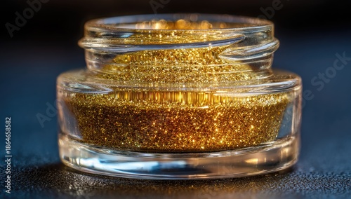 Golden Powder in a Glass Jar, Close-up View, Shiny Texture.
