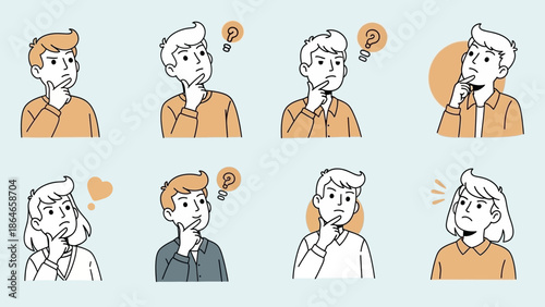 Collection of Diverse People Expressing Thoughtful Pondering and Questioning.