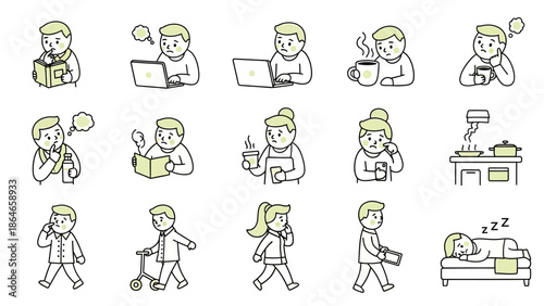 Collection of hand drawn people in various daily activities and moods.