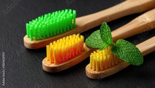 Close up of three bamboo toothbrushes with vibrant colored bristles.
