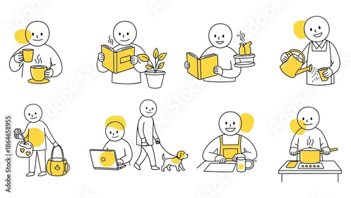 Collection of hand-drawn illustrations depicting various daily activities and hobbies of a person.