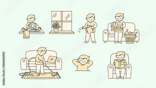 Collection of hand-drawn illustrations depicting various daily activities and chores at home.