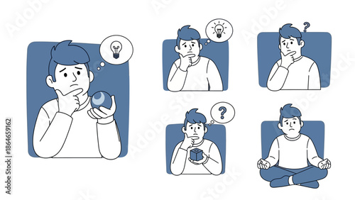 Collection of illustrations depicting a person in various thinking and contemplative poses.