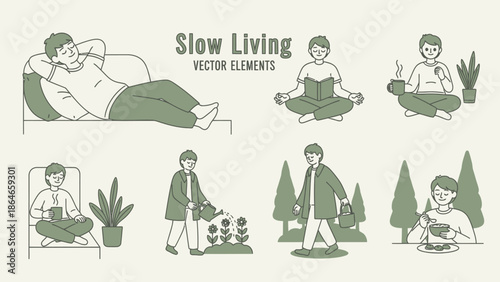 Collection of illustrations depicting various slow living activities and relaxation.