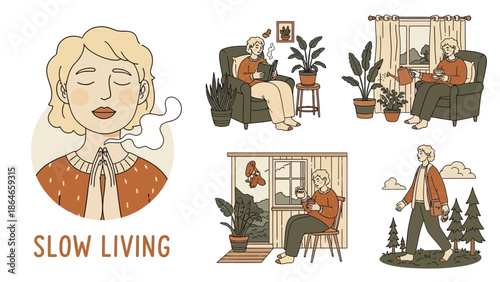 Collection of illustrations depicting slow living and mindfulness activities.