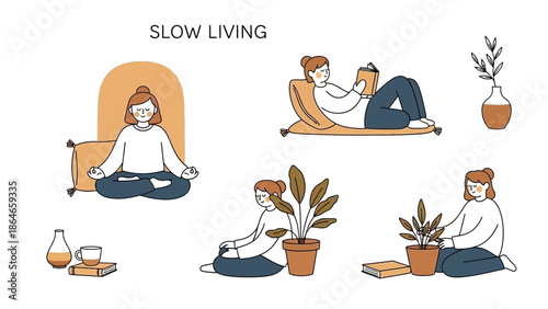 Collection of illustrations depicting women engaging in slow living activities.