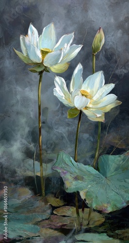 Delicate White Lotus Blossoms in Still Life.
