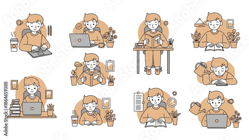 Collection of illustrations depicting young people studying and working diligently.