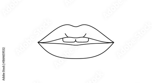 A precise, minimalist line art illustration of human lips, gently parted to show two upper teeth, rendered in clean black lines against a stark