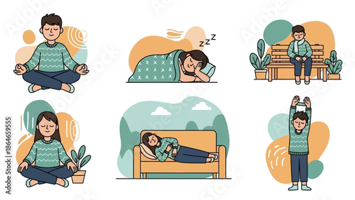 Collection of people engaging in various relaxing and healthy activities.
