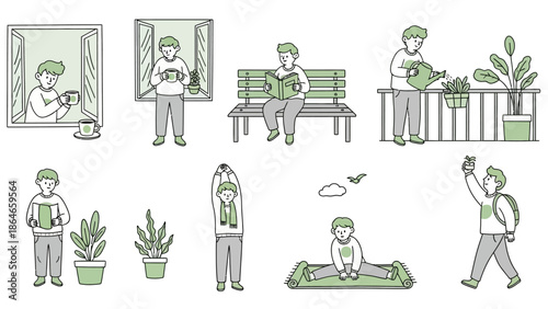 Collection of people engaging in various relaxing and everyday activities, line art illustration.