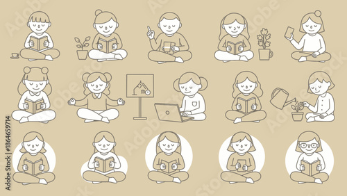 Collection of people sitting and engaging in various activities.