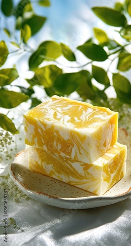 Two bars of yellow and white marbled handmade soap stacked on a plate, sunlight and leaves in the background.