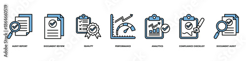 audit documentation and performance analysis icon set vector consist of audit report, document review, quality, performance, analytics, compliance checklist, document audit.