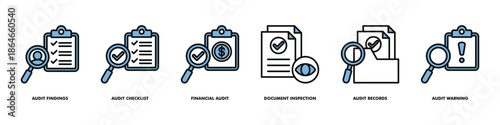 audit records and management review icon set vector consist of audit findings, audit checklist, financial audit, document inspection.