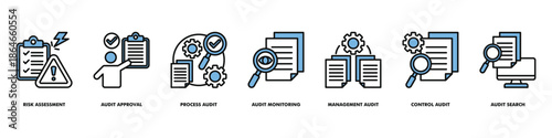 risk assessment and audit control icon set vector consist of risk assessment, audit approval, process audit, audit monitoring.