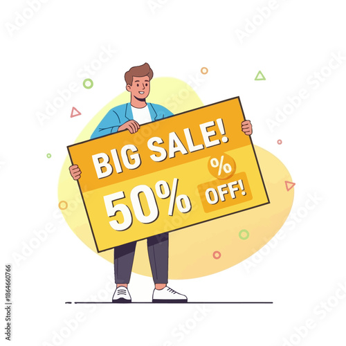Man Holding Big Sale 50% Off Discount Sign - Marketing Promotion Concept
