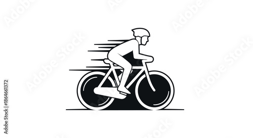 Streamlined monochrome icon of a cyclist speeding forward with motion blur