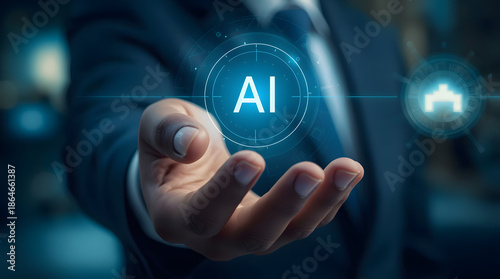 AI and the Future: A poised person presents the conceptual of Artificial Intelligence, a representation of technology, the future of innovation.