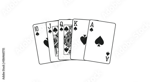 Monochromatic depiction of the ultimate royal flush poker hand, featuring the ten, jack, queen, king, and ace of spades fanned out, symbolizing peak
