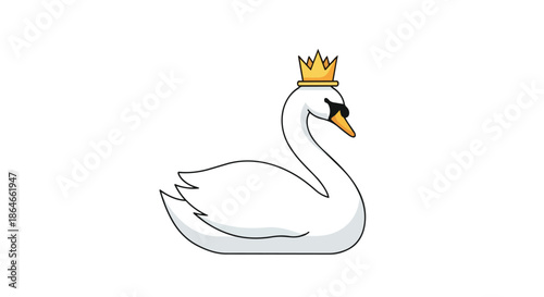 A sophisticated cartoon swan floats serenely, adorned with a regal golden crown and stylish black sunglasses, exuding an aura of cool aquatic