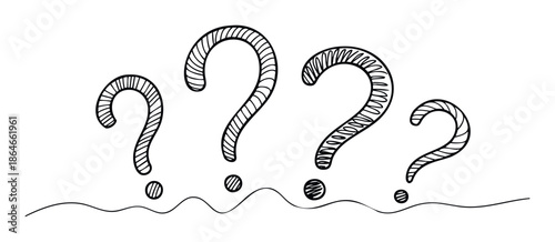 Hand drawn question marks with varied line textures symbolizing inquiry and decision making suitable for educational materials presentations and conceptual graphics