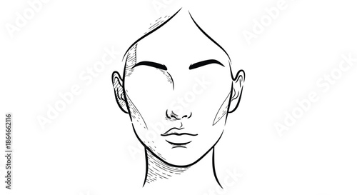 Stylized monochrome illustration of a minimalist human head. Line art emphasizing facial structure and contours for beauty, fashion, or abstract