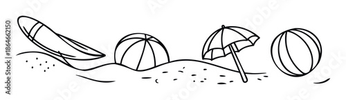 Outline drawing of summer beach accessories including surfboard, beach balls, and sun umbrella resting on sand, ideal for vacation travel branding or holiday season marketing materials.