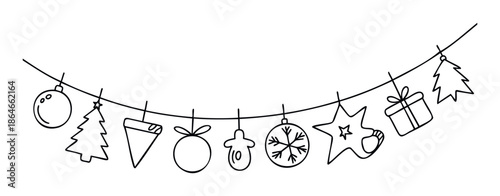 A collection of charming hand drawn doodle Christmas ornaments strung together on a whimsical garland, suitable for festive holiday greetings and seasonal event promotions.