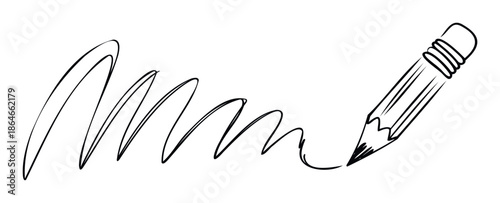 Stylized black and white outline of a wooden pencil with an eraser drawing a long winding squiggle line, great for education, stationery products, office concepts, or creative learning