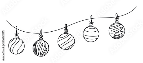 A festive string of handdrawn Christmas ornaments with swirling patterns hanging on a curved line, perfect for holiday greeting decorations or seasonal celebration graphics