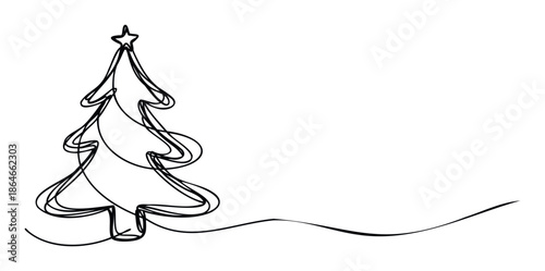 Minimalist one line drawing of a Christmas tree with a star on top and a swirling line for festive holiday greetings and winter season marketing promotions