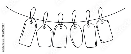 Collection of various empty handdrawn outline price tags and labels suspended on a string, perfect for businesses announcing sales, discounts, or special offers for products and services in