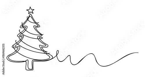 Minimalist continuous line Christmas tree with a star topper and an extended flowing ribbon, great for modern holiday marketing, winter event promotions, or festive seasonal branding
