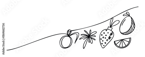Abstract continuous line drawing featuring citrus fruits, strawberries, and spices on a decorative horizontal border for food and drink branding or recipe layouts