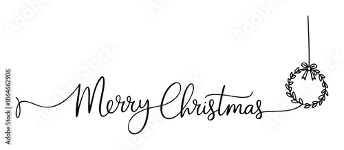 Continuous line drawing of a festive Merry Christmas lettering design incorporating a hanging holiday wreath perfect for greeting cards social media posts and seasonal event invitations