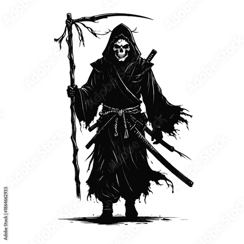 Grim reaper character in black and white holding a scythe
