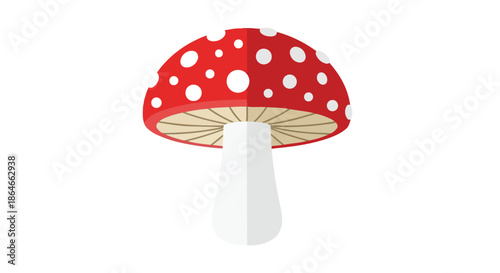Vibrant red mushroom with white spots cartoon illustration standing tall a classic woodland symbol in a simple flat design style perfect for nature