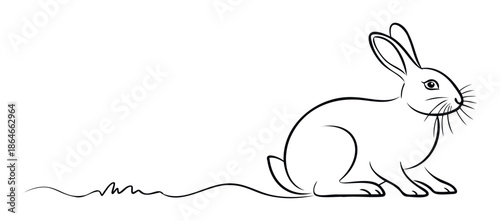 Minimalist black outline drawing of a sitting rabbit with a playful wavy line trailing behind, perfect for childrens books, greeting cards, or springtime event promotions.