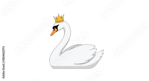 Elegant white swan adorned with a golden crown, representing regal aquatic beauty and majestic avian grace in a simple illustration