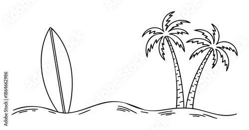 Minimalist black and white sketch depicting a surf destination with a surfboard resting on the sand by two tropical palm trees ideal for summer event invitations and beach themed merchandise