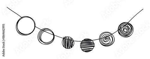 Abstract hand drawn garland featuring various textured circles suspended on a graceful curving line, ideal for adding a unique touch to decorations and visual presentations.