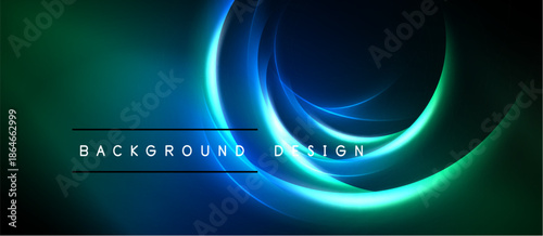 Abstract background features glowing curved lines. Dark shades transition into vibrant turquoise, green hues. Text reads background design.