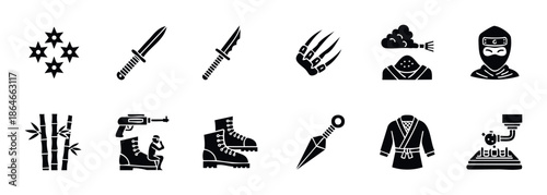 Diverse set of ninja weapons, stealth tools, and martial arts attire icons, suitable for game development, graphic design, action themes, and cultural projects.