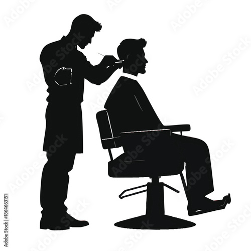 Silhouette of a barber cutting a mans hair in a chair