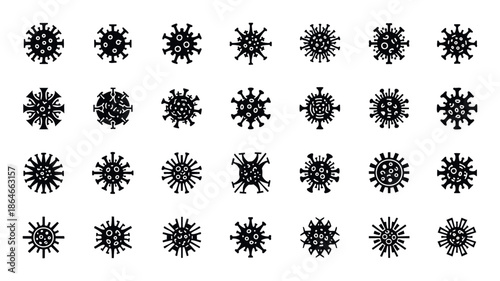 Collection of diverse monochrome microbial icons representing viruses and bacteria perfect for medical, health, scientific, and educational visual resources