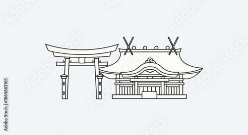 A graceful and detailed linear depiction of an ancient Japanese Shinto shrine complex complete with its majestic torii gate symbolizing cultural