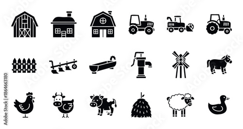 A versatile collection of simple glyph icons depicting farm buildings, machinery, animals, and farm objects, ideal for agricultural business branding and various digital or print media