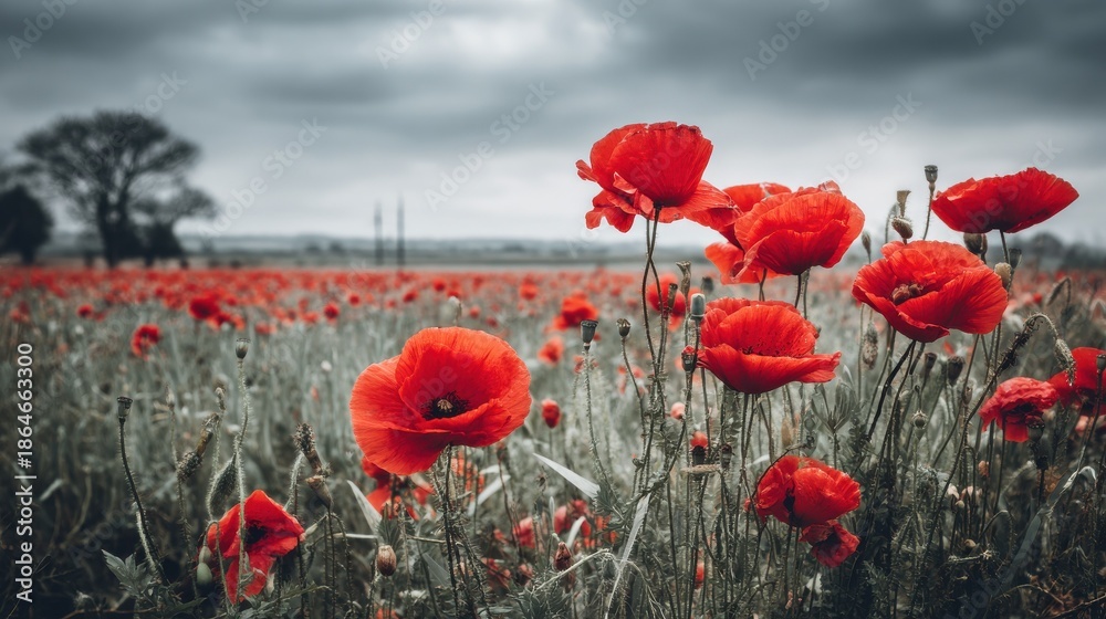 Fototapeta premium aerial view of a vibrant field filled with red poppies in full bloom