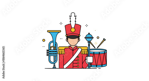 Vibrant illustration of a stylized marching band member in full regalia with trumpet drum and mace instruments